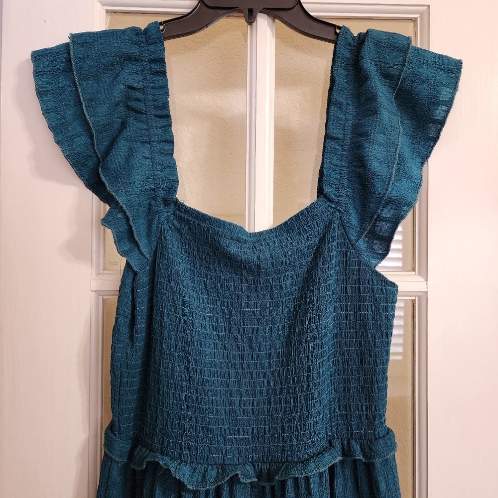 Rebellion Women’s Teal Tiered Maxi Dress Boho Cottagecore Western Ruffle Sleeves - Picture 4 of 12